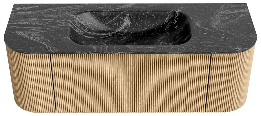 Mondiaz Kurve-dlux 130cm badmeubel ronding links/rechts oak met 1 lade en 2 deuren en wastafel big small midden 1 kraangat lava