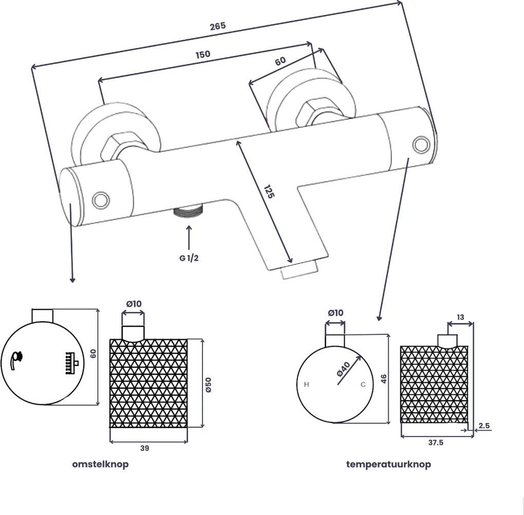 Saniclear Nero Curved thermostatische opbouw badkraan zwart mat