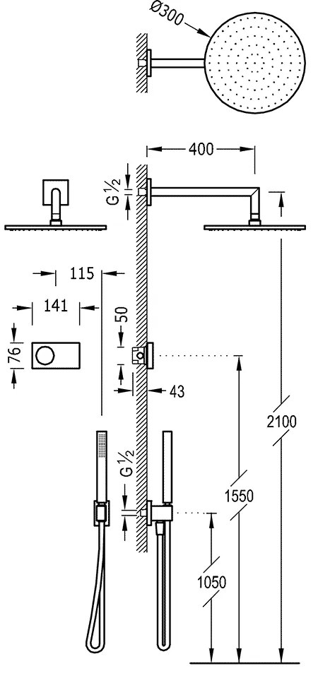 Tres Shower Technology elektronische inbouwthermostaat met regendouche 30cm met wandarm en handdouche mat zwart