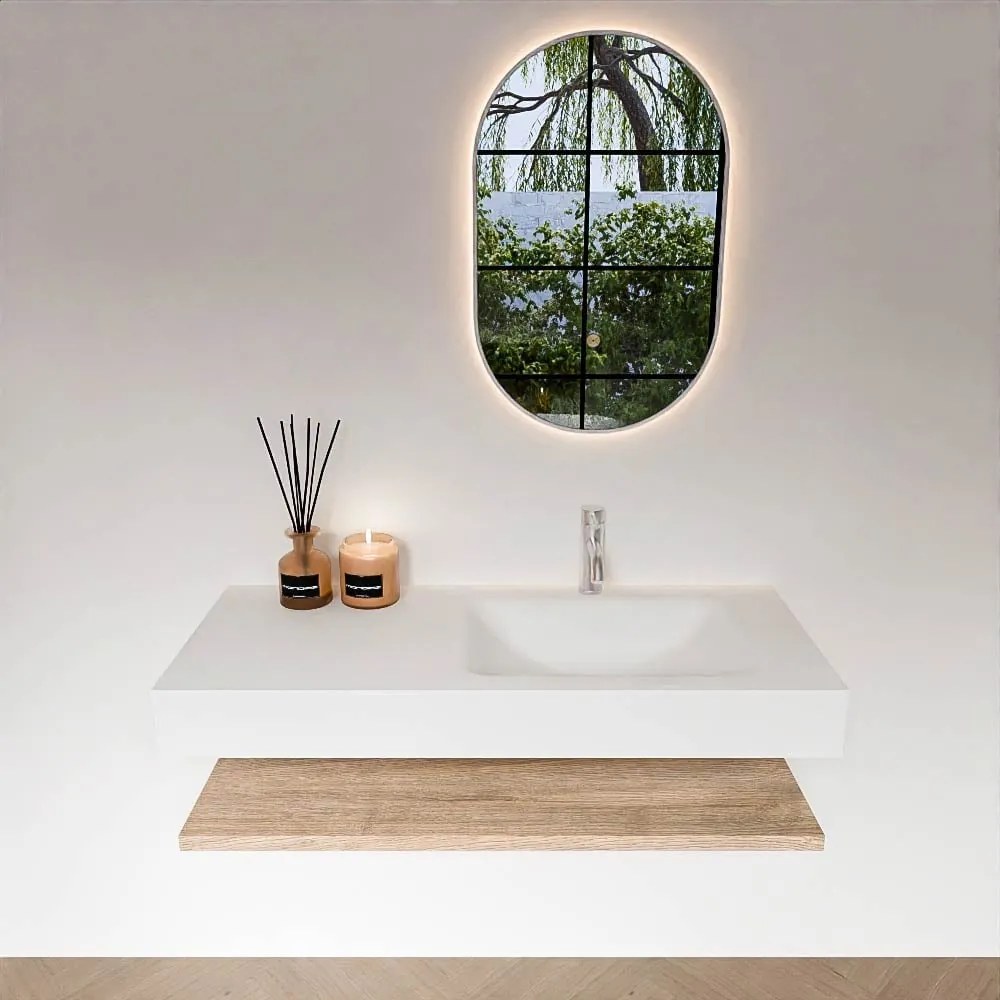 Zaro Alan badmeubel 110cm met planchet washed oak en vrijhangende wastafel cloud rechts 1 kraangat talc
