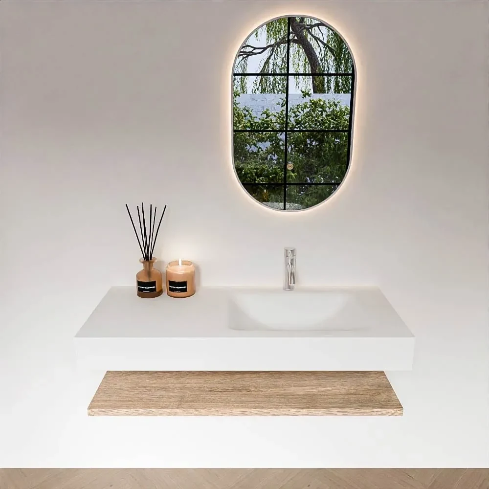 Zaro Alan badmeubel 110cm met planchet washed oak en vrijhangende wastafel cloud rechts 1 kraangat talc