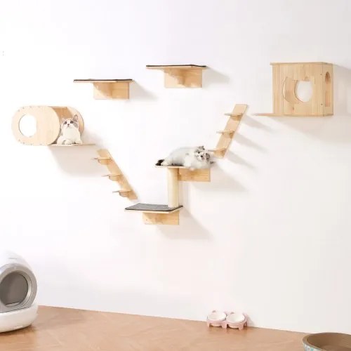 VEVOR Wandgemonteerde Kattenplanken, Kattenwandplanken en Zitstokken met Springplanken, Kattenbedden, Hangmatten en Krabpaal, Kattenmeubels en Planken tot 18 kg voor Slapen, Spelen, Klimmen, Set van 7