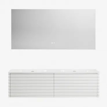 Conjunto Vaniteit Hangend 160x50 Cm In Hout Met Geïntegreerde Waskommen Noura Wit & Zonder Kraan & Rectangular Led And Antifog 160x75 Cm Riben - Sklum