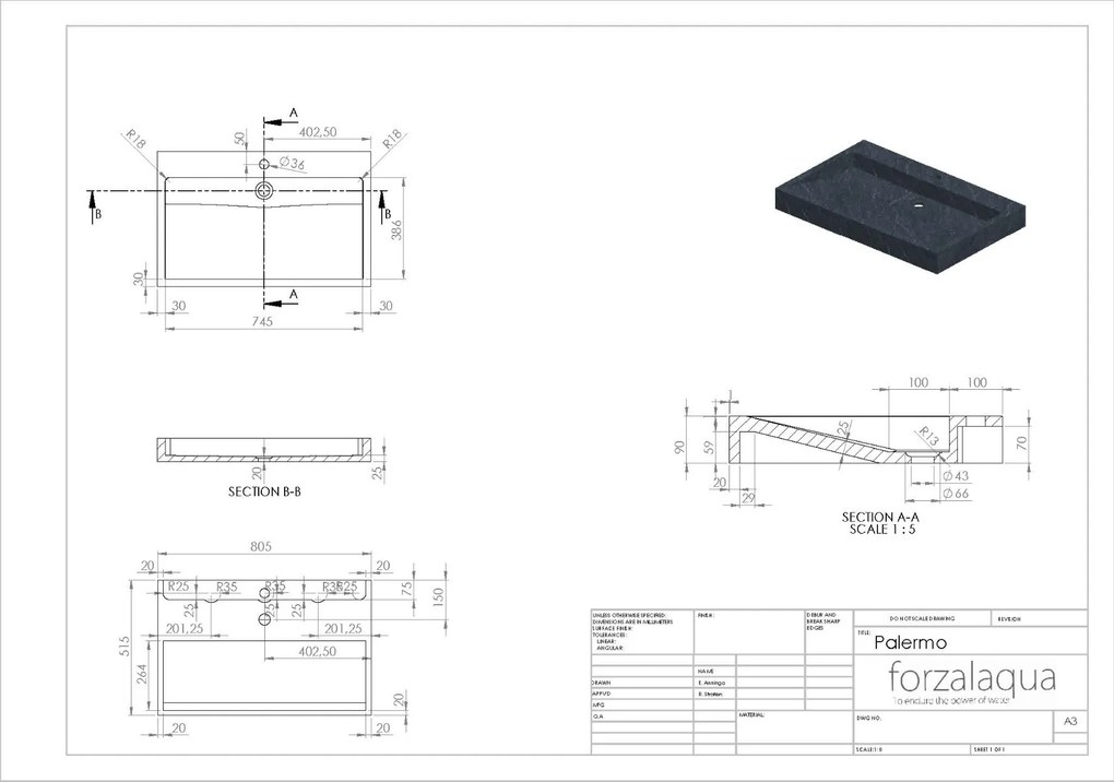 Forzalaqua Palermo wastafel 80x50cm met kraangat carrara gekapt