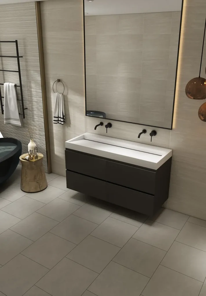 Fontana Elena badkamermeubel 120cm zwart met solid surface wastafel zonder kraangat