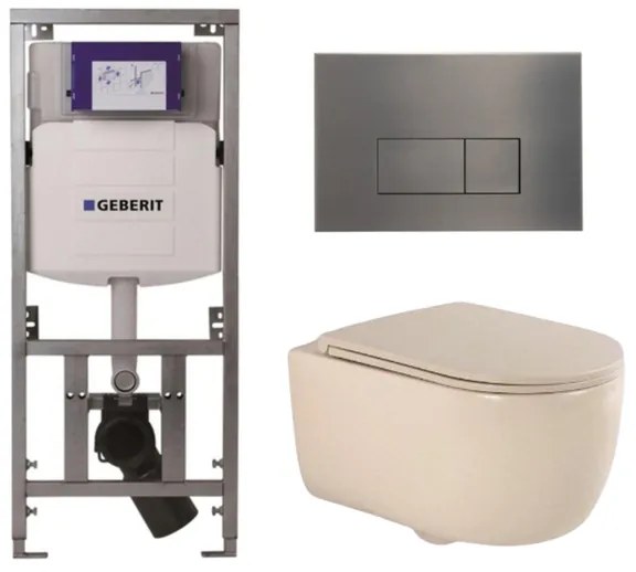 QeramiQ Dely Swirl Toiletset - 36.3x51.7cm - Geberit UP320 inbouwreservoir - met Burda frame - slim zitting - gunmetal bedieningsplaat - rechthoekige knoppen - beige 0701131/SW706199/SW1000770/SW1026259