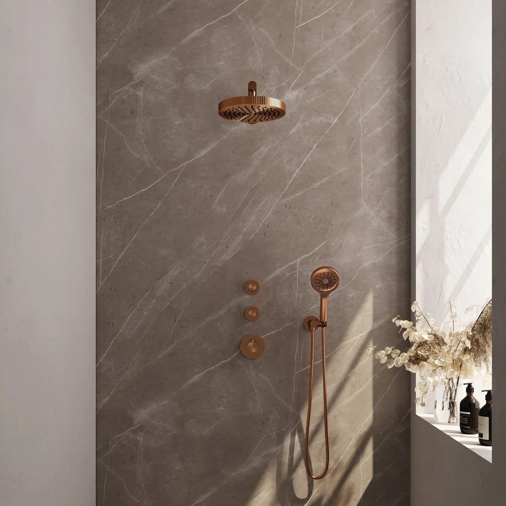Brauer Stripe inbouw regendouche met 25cm hoofddouche, rechte muurarm en 3 standen handdouche set 4 koper geborsteld PVD