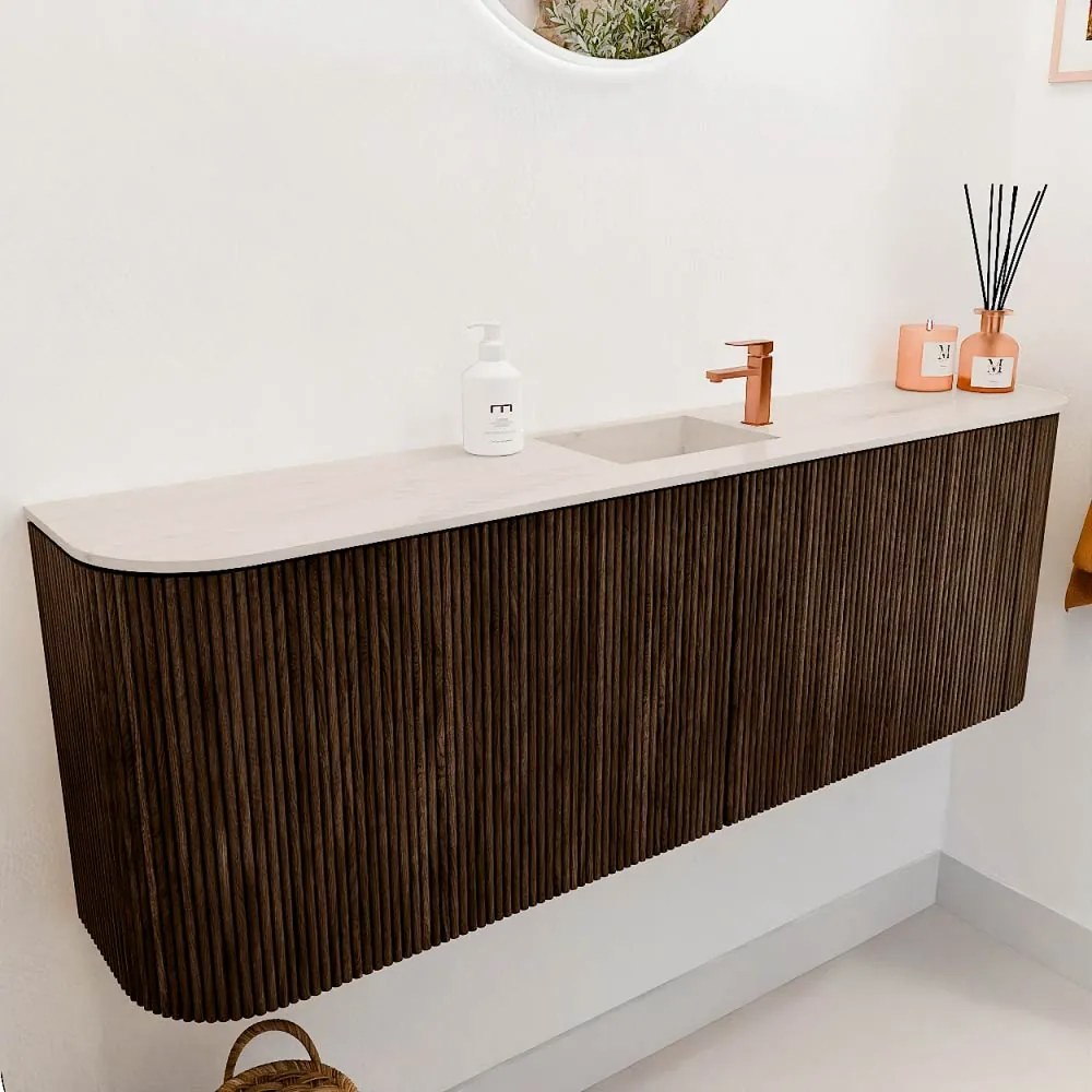 Mondiaz Joya DLux 125cm toiletmeubel ronding links/rechts walnut met wastafel faye midden 1 kraangat meli