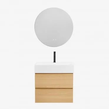 Badkamermeubelset Van Hout En Essenhoutfineer Met Geïntegreerde Wastafel Ona Natuurlijk Hout & Round Led And Antifog Ø70 Cm Solyn & - Sklum