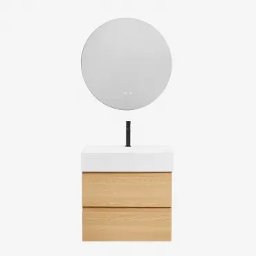 Ona Zwevend Badkamermeubelset Van Hout En Essenfineer Met Geïntegreerde Wastafel Natuurlijk Hout & Round Led And Antifog Ø70 Cm Riben - Sklum