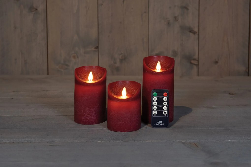 Anna's Collection - Ledkaarsen bordeaux - set van 3 stuks - diverse groottes - met afstandsbediening
