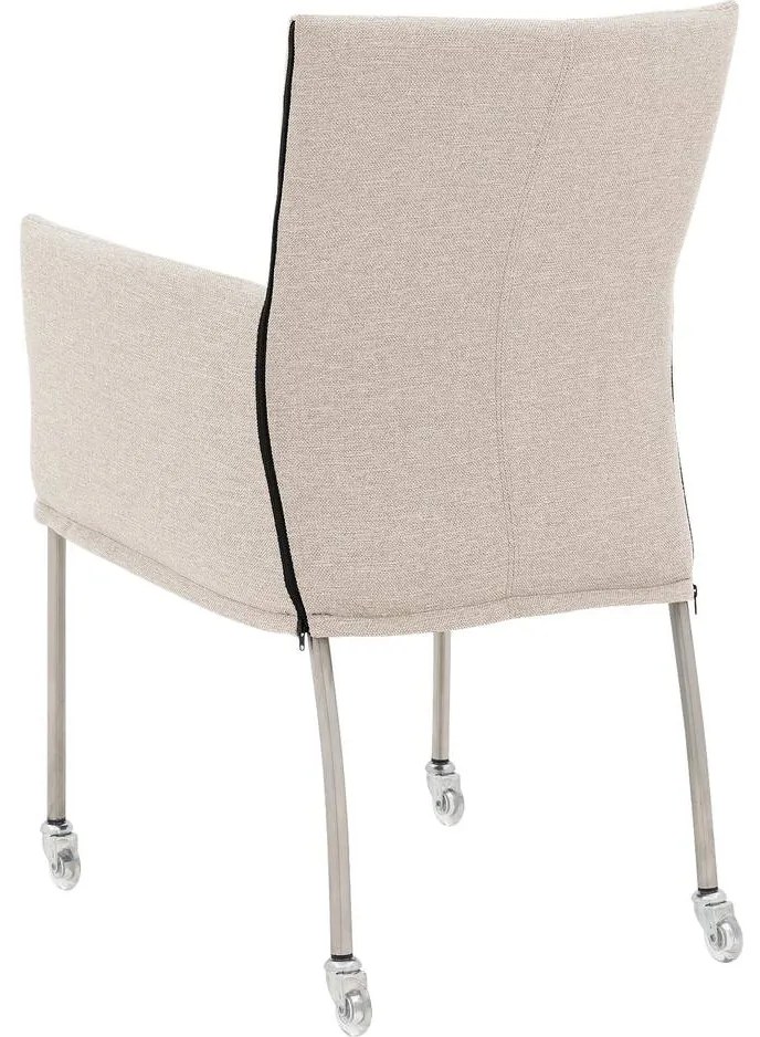 Goossens Eetkamerstoel Funk RVS Poten beige stof met armleuning en met wielenTransparant skater wiel met rvs kap, modern design