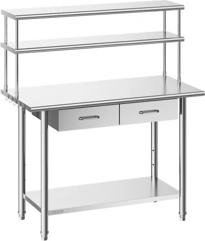 VEVOR Catering Werktafel 1220 x 610 x 1400 mm, Roestvrijstalen tafel met onderblad, 2 lades en dubbel uitschuifbaar blad, Commerciële voorbereidingstafel/werkbank voor restaurant, garage of keuken.
