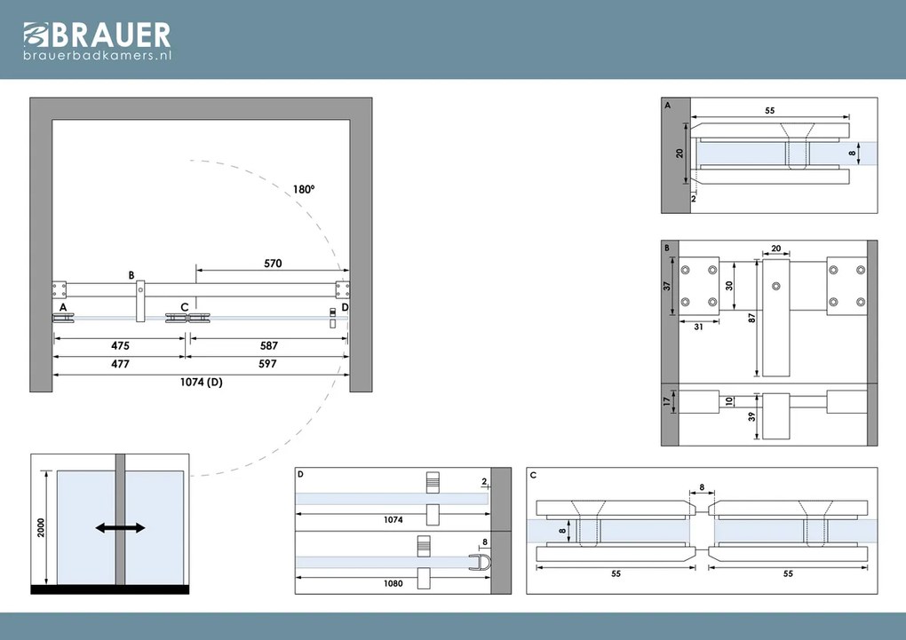 Brauer Void profielloze nisdeur 110cm met draaideur 60cm aan glas zwart mat