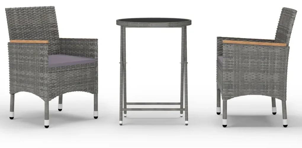 vidaXL 3-delige Bistroset poly rattan en gehard glas grijs