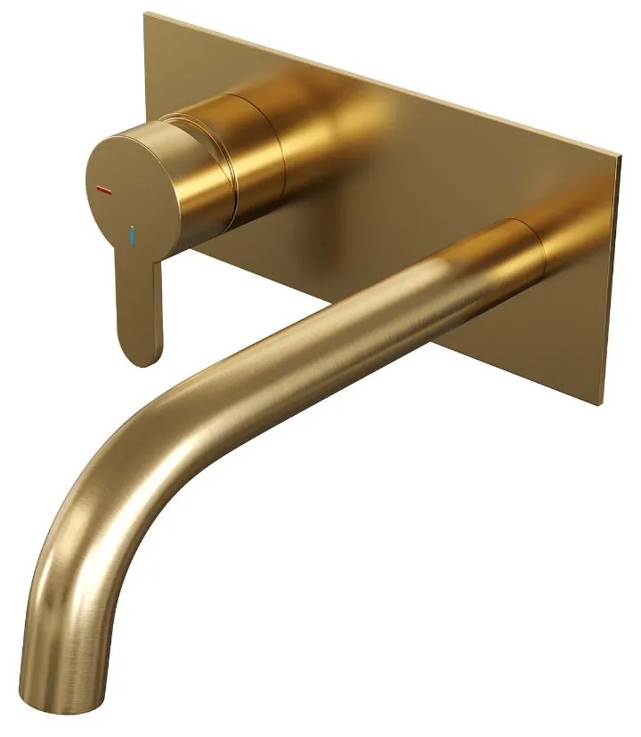 Brauer Gold Edition ColdStart wastafelkraan inbouw gebogen uitloop met achterplaat model D2 geborsteld messing PVD