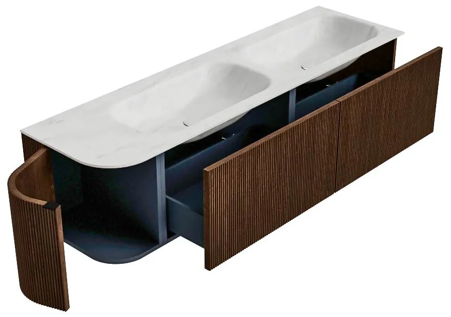 Mondiaz Kurve-dlux 165cm badmeubel ronding links walnut met 2 lades en 1 deur en wastafel stor small dubbel/rechts 2 kraangaten opalo