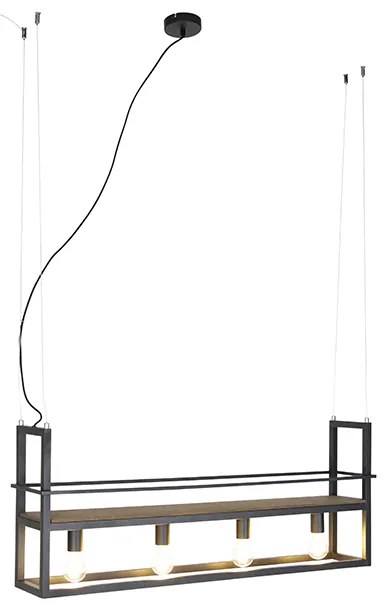 Eettafel / Eetkamer Smart hanglamp zwart met hout en rek 4-lichts incl. Wifi A60 - Cage Rack Industriele / Industrie / Industrial E27 Binnenverlichting Lamp