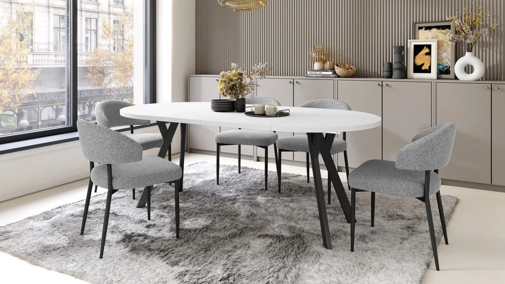 ALMO 100 Wit Mat/Zwarte poten - RONDE LOFT/INDUSTRIËLE TAFEL VOOR WOONKAMER/EETKAMER, UITSCHUIFBAAR