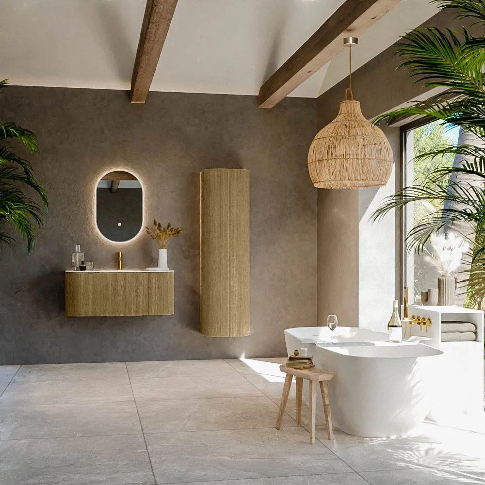 Mondiaz Kurve-dlux 100cm badmeubel ronding links/rechts dusk met 1 lade en 2 deuren en wastafel grunne midden 1 kraangat ostra