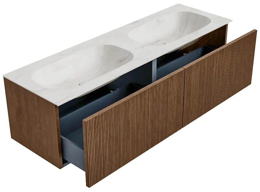 Mondiaz Kurve-dlux 150cm badmeubel walnut met 2 lades en wastafel stor small dubbel 2 kraangaten ostra