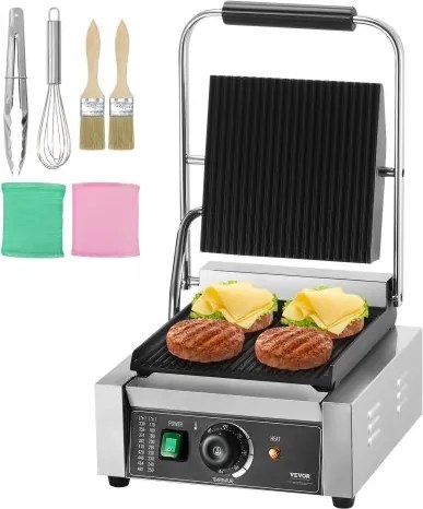 VEVOR Commerciële Panini Grill, 1,8 kW Elektrische Sandwich Panini Maker, Sandwich Press Grill RVS, Panini Grill met Temperatuurregeling &amp; 23 x 23 cm Grote Geëmailleerde Plaat met Groeven