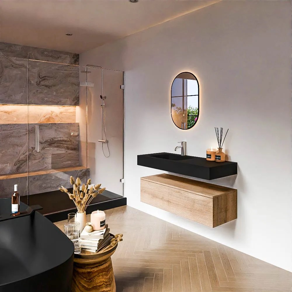 Zaro Alan badmeubel 110cm washed oak 1 lade met vrijhangende wastafel cloud links 1 kraangat urban