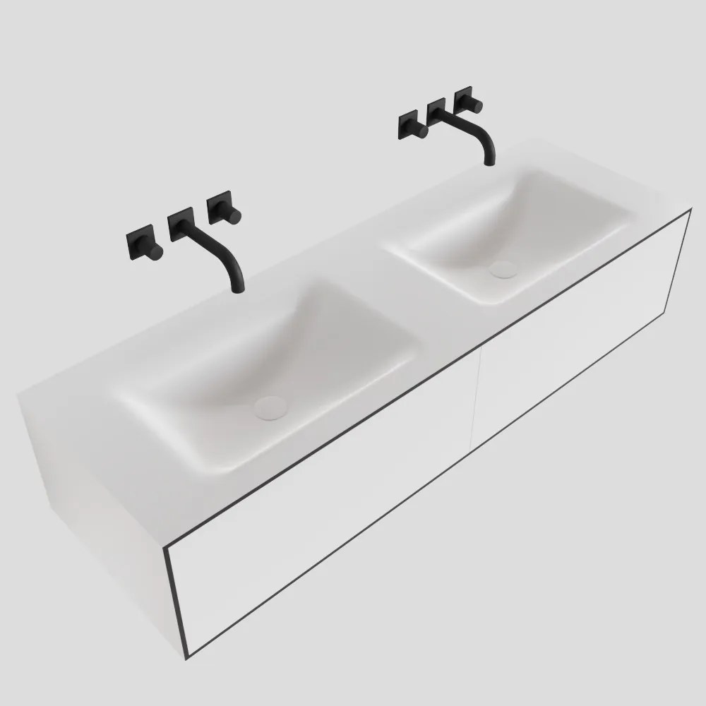 Zaro Lagom volledig naadloos solid surface onderkast 140cm mat zwart met 2 lades Push tot open. Compleet met solid surface wastafel met 0 kraangat(en)