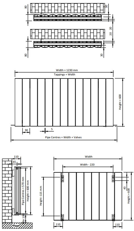 Eastbrook Guardia radiator 125x60cm aluminium 2080W grijs mat