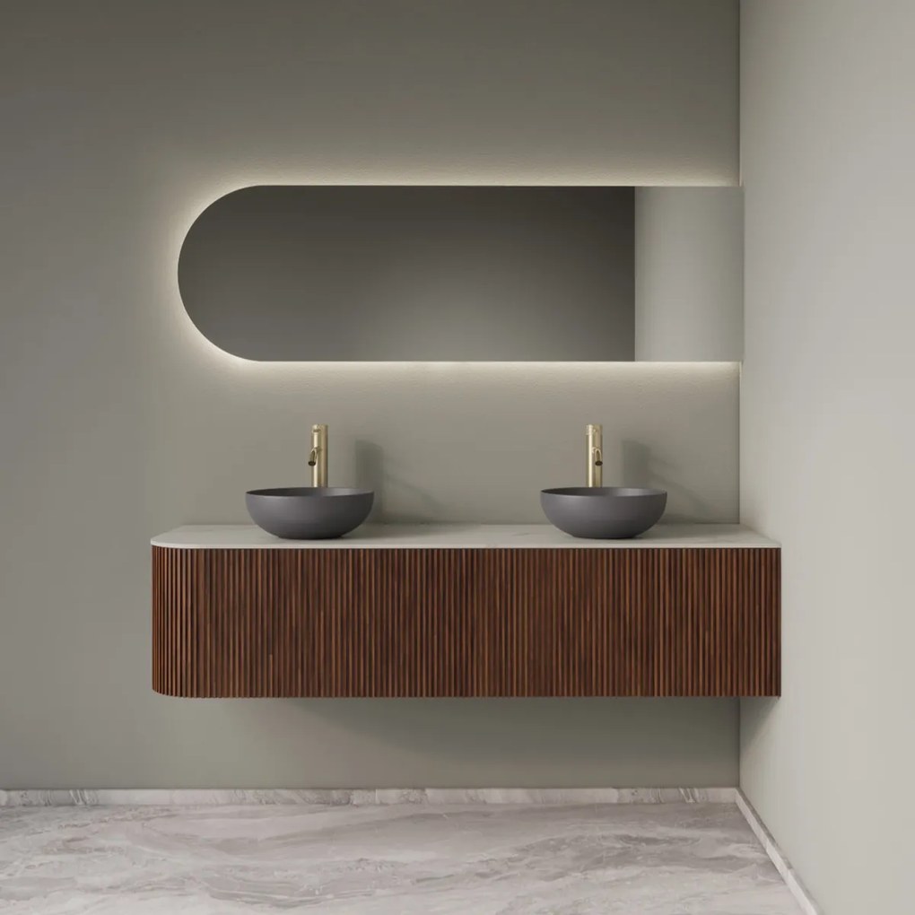 Gliss Design Alluro badmeubel ribbelfront met ronding links 160cm walnut en wit marmer toppaneel