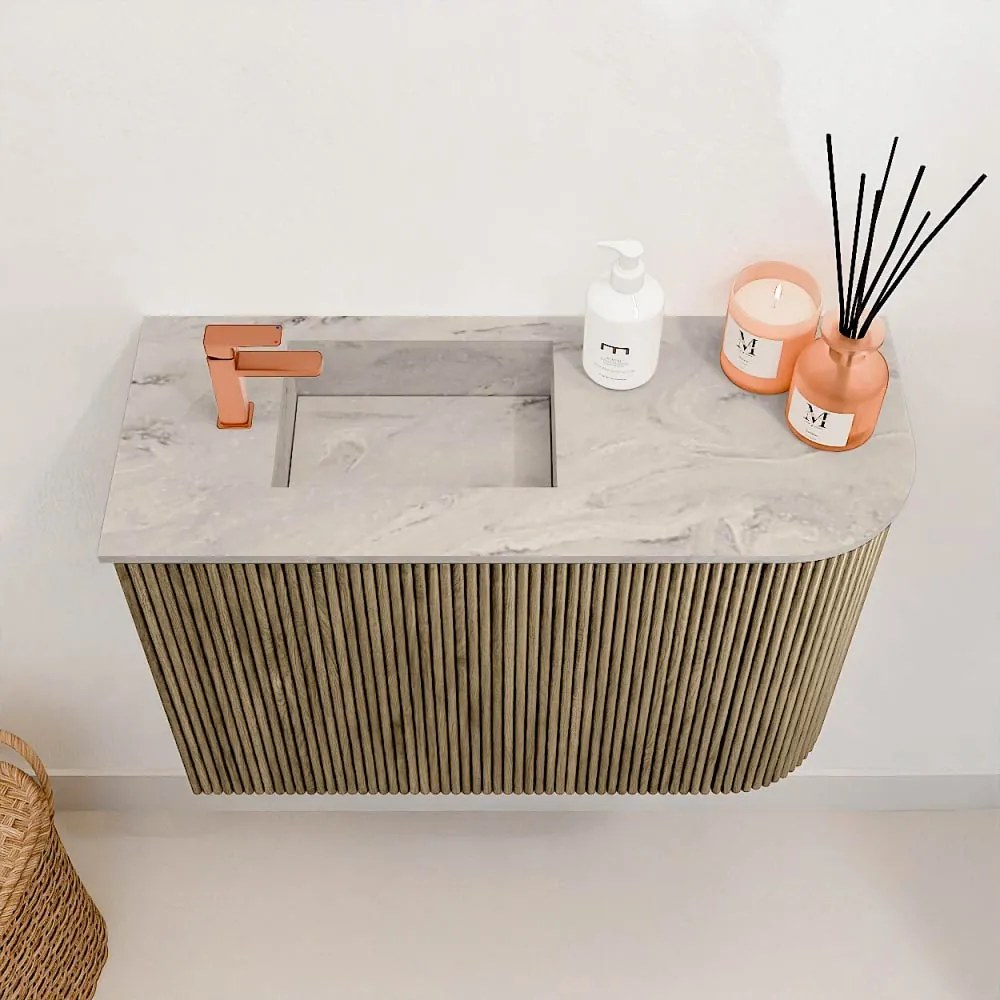 Mondiaz Joya DLux 60cm toiletmeubel ronding rechts dusk met wastafel faye links 1 kraangat glace