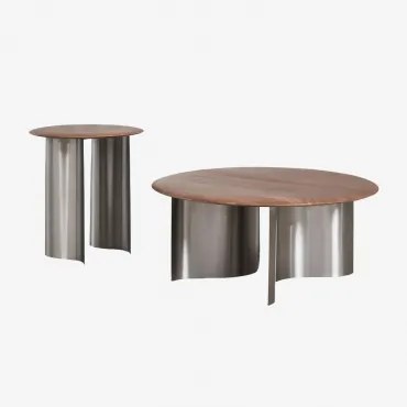 Set Van 2 Ronde Salontafels Van Mangohout En Roestvrij Staal Marvion Donker Handvat Hout - Sklum