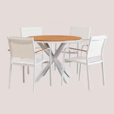 Ronde Tafelset Ø100 Cm Van Eucalyptus Hout En 4 Stapelbare Tuinstoelen Van Aluminium Archer Gardenia Wit - Sklum