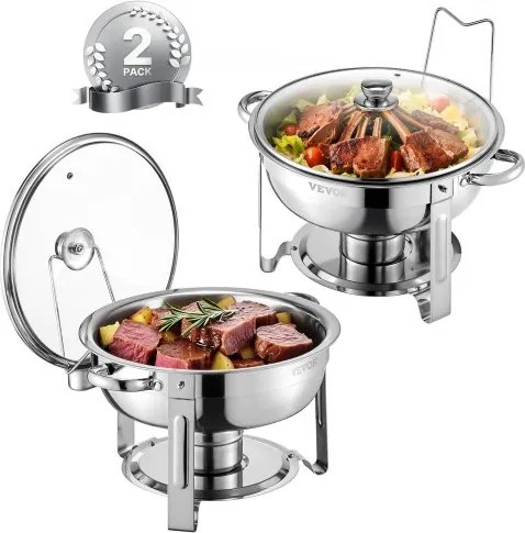 VEVOR Chafing Dish Buffetvoedselwarmer met 2 grote containers (elk 4,7 L), ronde cateringwarmtedispenser met glazen deksel, waterpan en opvouwbare standaard, voor buffetfeesten Zilver