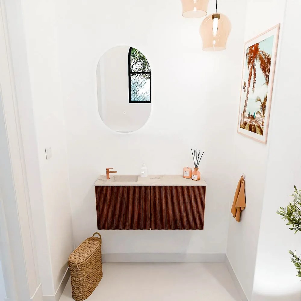 Mondiaz Joya DLux 90cm toiletmeubel ruby met wastafel faye links 1 kraangat frappe
