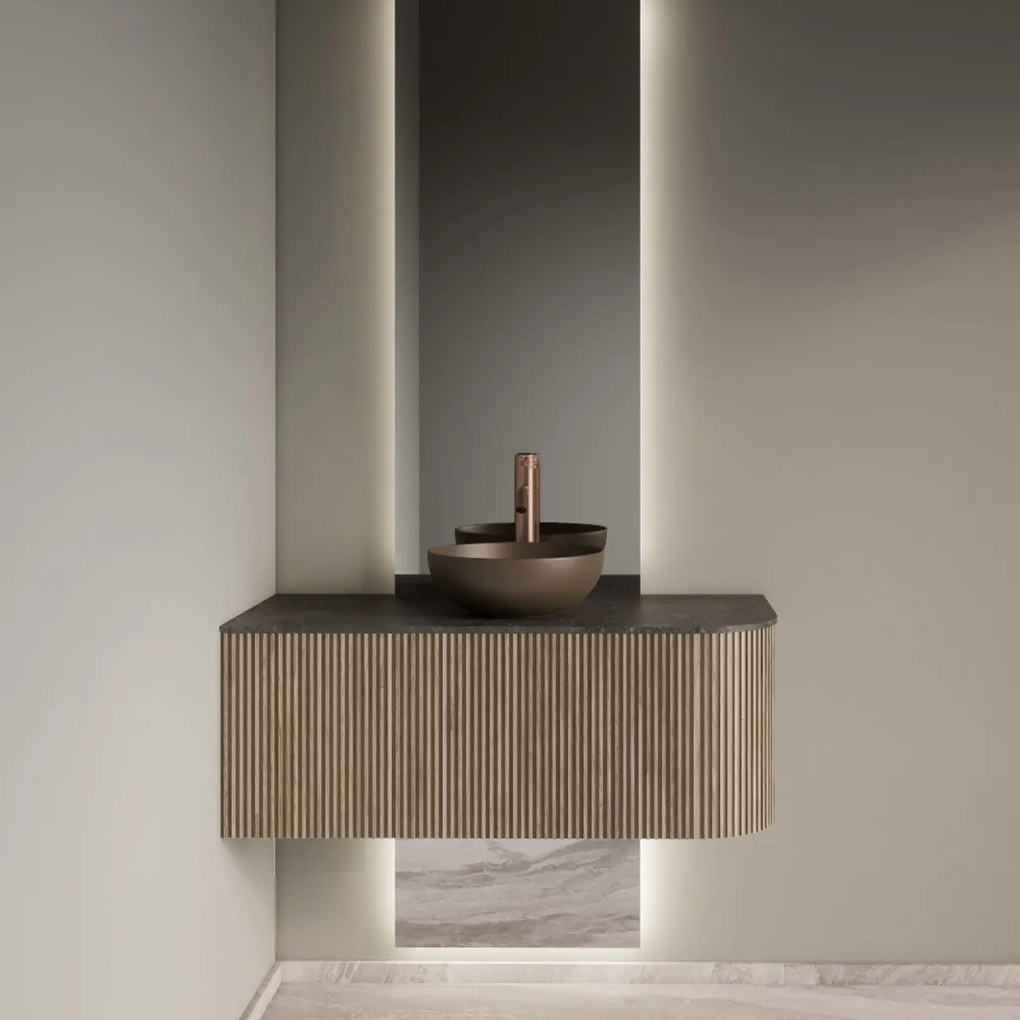 Gliss Design Alluro badmeubel ribbelfront met ronding rechts 100cm corn silk en zwart leisteen toppaneel