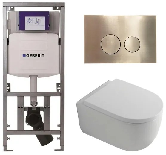 QeramiQ Dely Swirl Toiletset - 36.3x51.7cm - diepspoel - rimless - Geberit UP320 inbouwreservoir - met Burda frame - 35mm zitting - geborsteld messing bedieningsplaat - ronde knoppen - wit mat 0701131/SW706200/SW1000767/sw1026257
