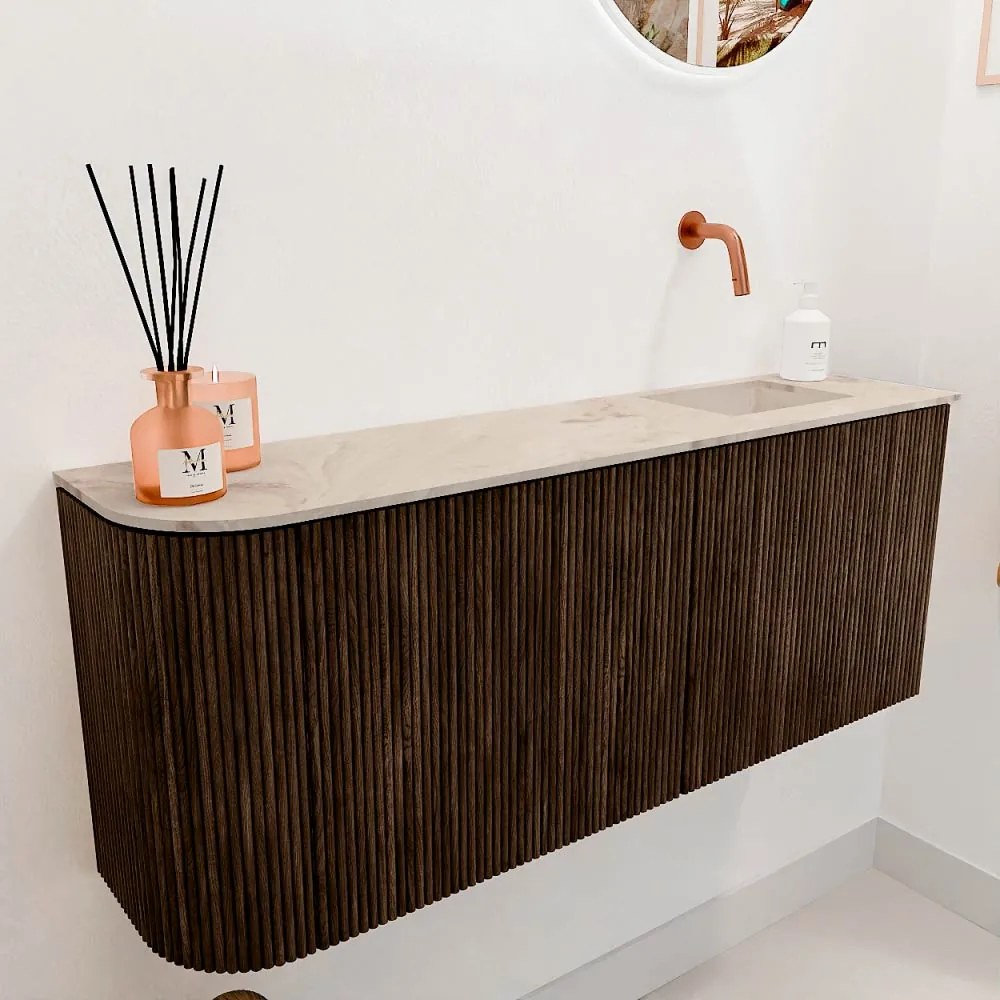 Mondiaz Joya DLux 100cm toiletmeubel ronding links walnut met wastafel faye rechts zonder kraangat frappe