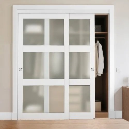 VEVOR Schuifdeur 1829 mm x 2032 mm (passende openingsmaat), gematteerde glazen bypass-schuifdeuren met bevestigingsset, massief hout en MDF-plaat met waterdicht PVC-oppervlak voor kasten, wit