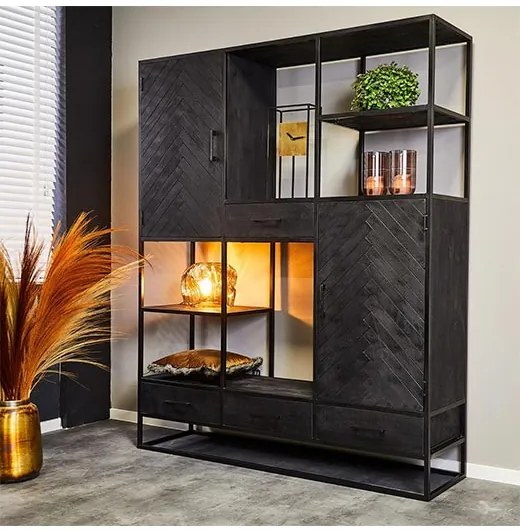 Scandi Boekenkast Industrieel Visgraat Zwart 160cm | Furndea | Mangohout | Zwart   | Cavetown