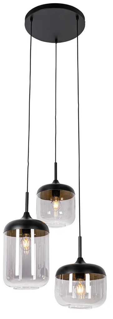 Hanglamp zwart met goud en smoke glas 3-lichts rond - Kyan