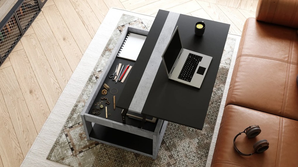 LUSSO Zwart Mat/Millenium Beton - MODERNE SALONTAFEL MET VERHOOGD BLAD + OPBERGRUIMTE + SCHAP (OP WIELEN!)