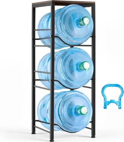 VEVOR metalen waterfleshouder, 4 lagen, voor 3 waterflessen, waterflesrek met opbergvak, waterdispenserrek, watercontainerrek voor keuken, kantoor en woonkamer, zwart en bruin