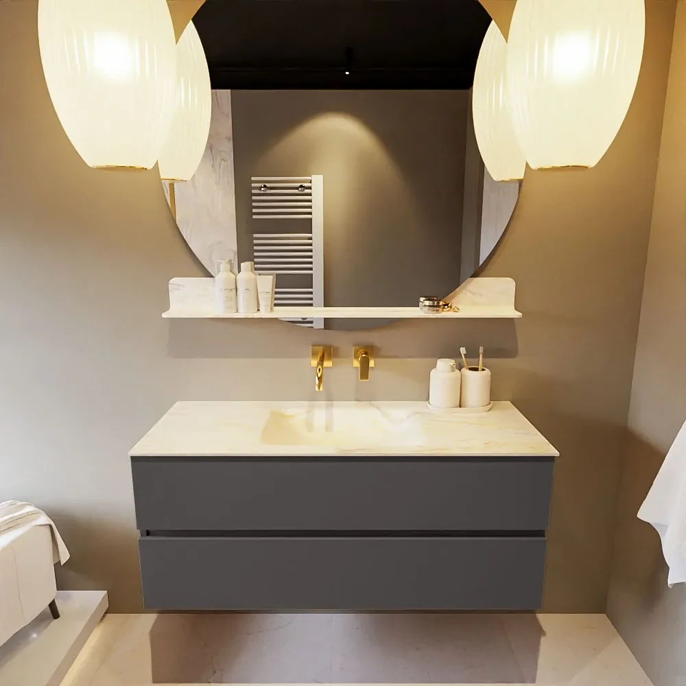 Mondiaz Vica DLux badmeubel 120cm dark grey 2 lades met wastafel ostra midden zonder kraangat