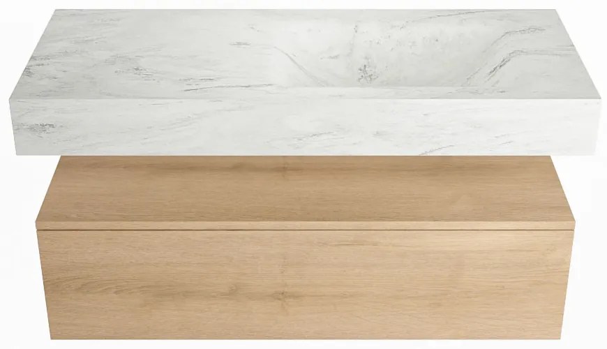 Mondiaz Alan DLux badmeubel 110cm washed oak 1 lade met wastafel opalo rechts 1 kraangat