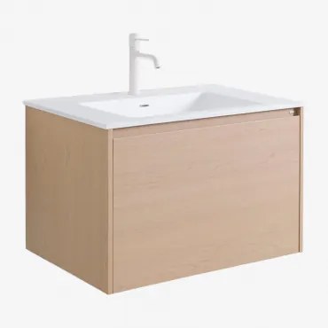 Hangend Badkamermeubelset 80x50 Cm Van Hout Met Geïntegreerde Wastafel Jacob Natuurlijk Hout & Spiegelloze & Wit ↑20 Cm - Sklum