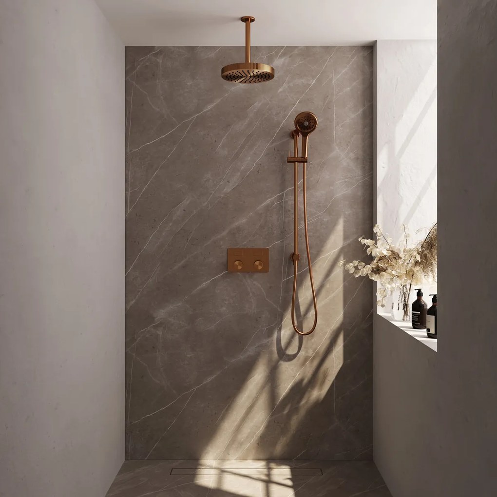 Brauer Stripe inbouw regendouche met 25cm hoofddouche, plafondarm, 3 standen handdouche en glijstang set 36 koper geborsteld PVD