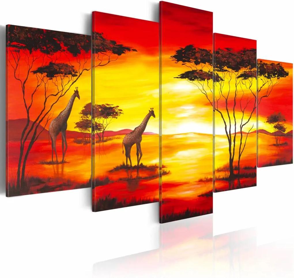 Schilderij - Giraffen op de achtergrond met zonsondergang, Afrika, Oranje/Geel,  5luik