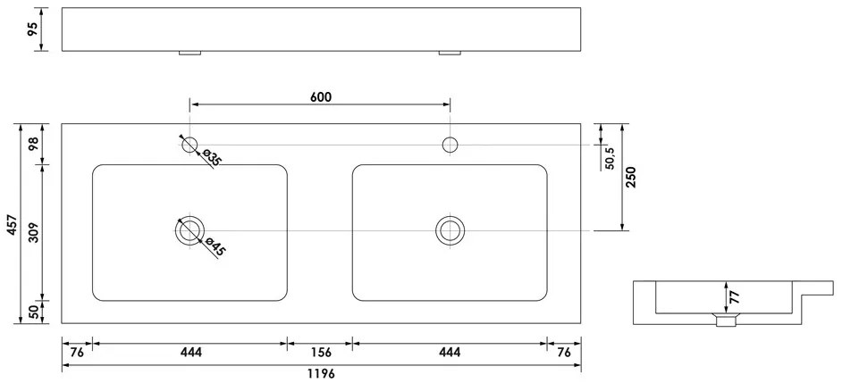 Brauer Lava dubbele wastafel natuursteen 120cm met 2 kraangaten antraciet