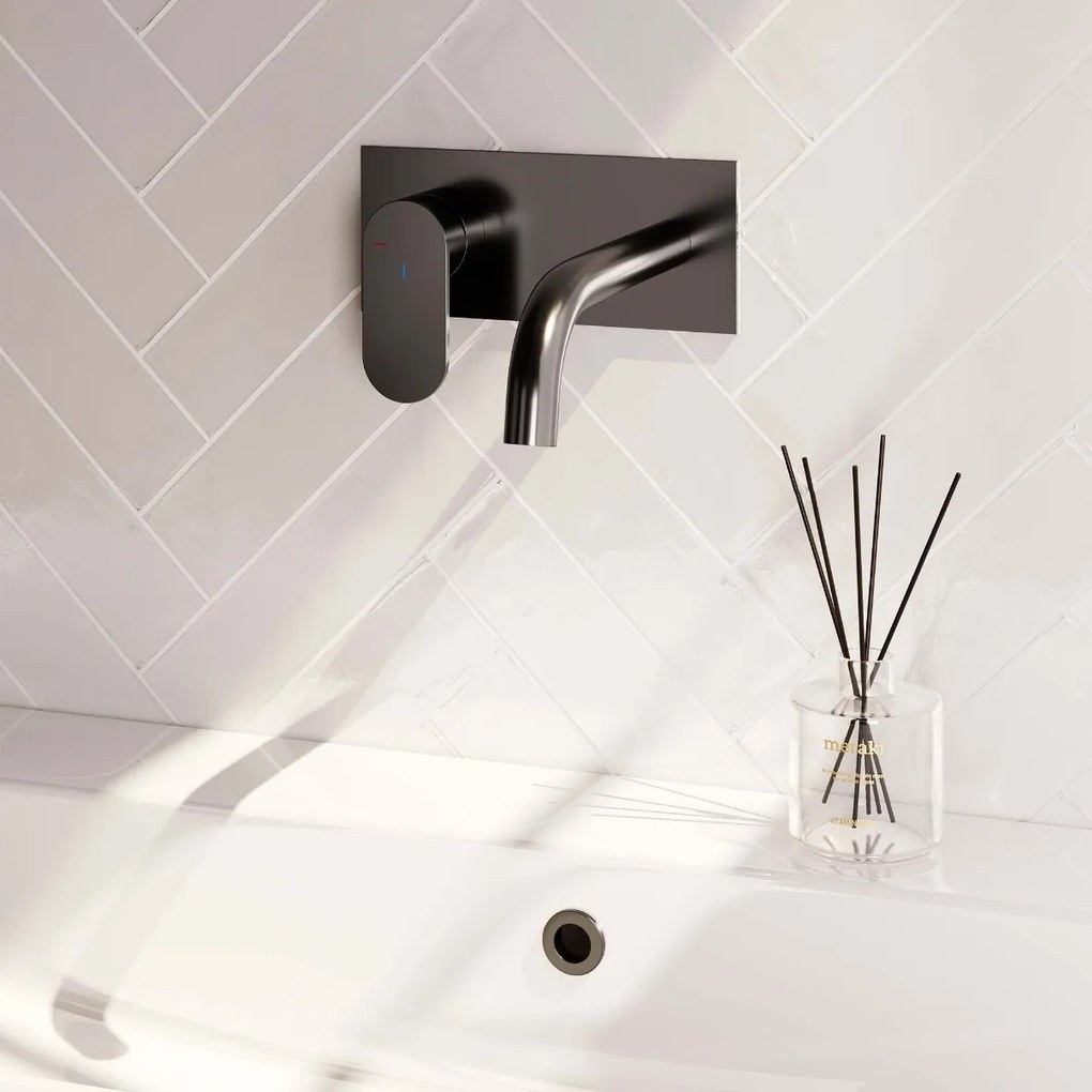 Brauer Gunmetal Edition ColdStart wastafelkraan inbouw gebogen uitloop met achterplaat model C2 gunmetal geborsteld PVD